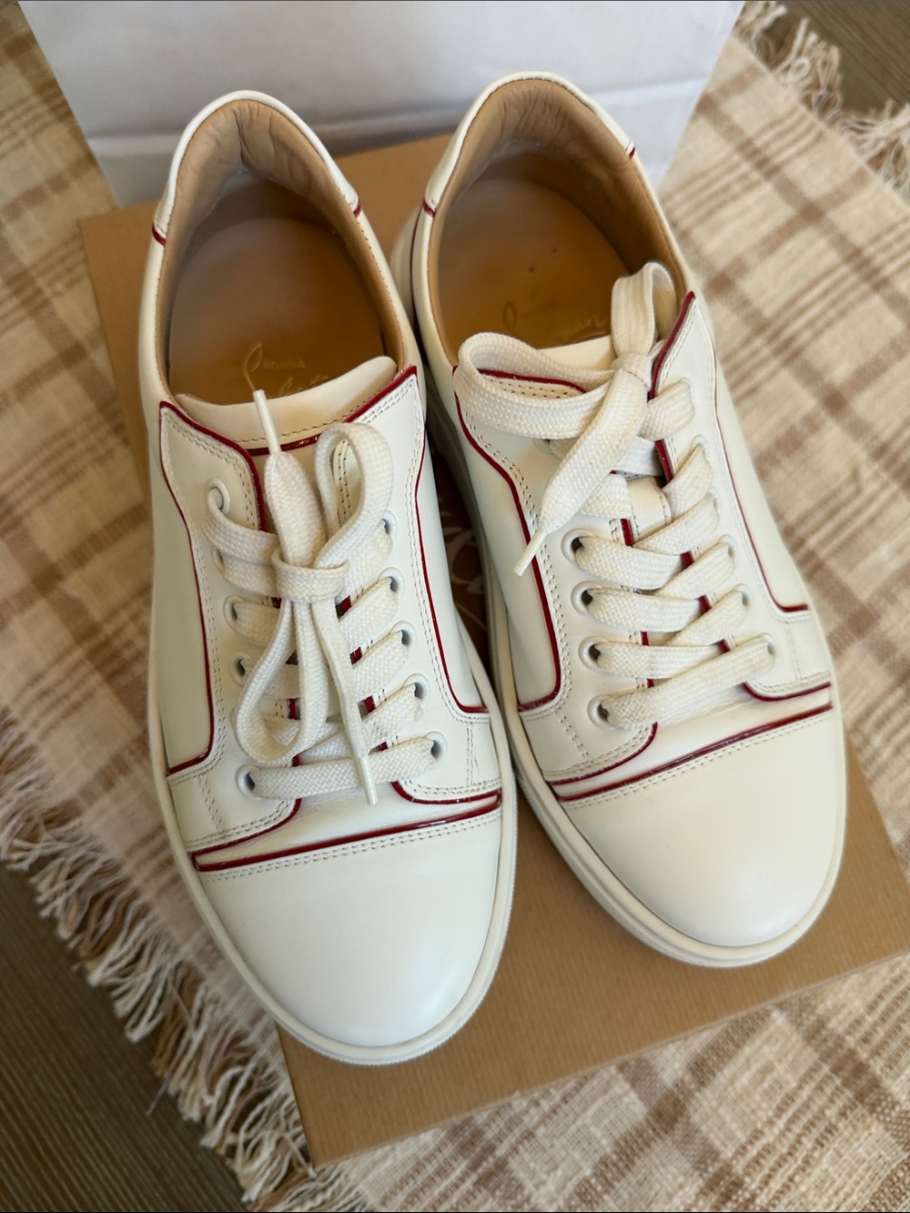 Christian Louboutin White Leather Low-Top Sneakers with Red Piping